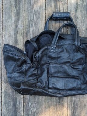 Vintage Black Leather Heavy Duty Duffel Tote Bag